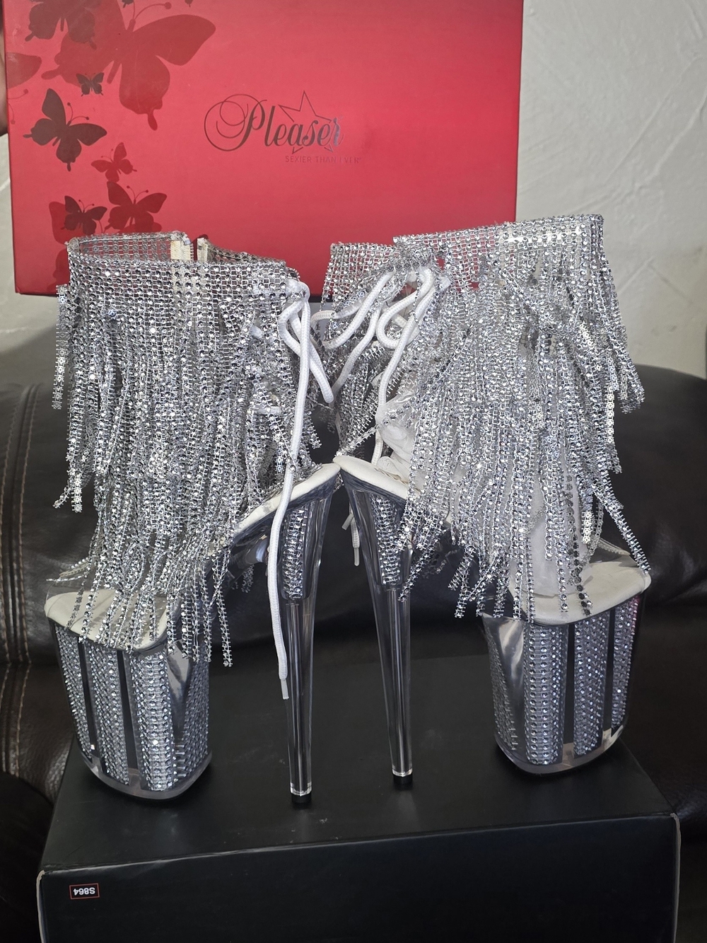 Pleaser Silver Crystal Fringe Platform Stiletto Sandals